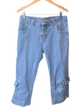 Ethyl Rhinestone Blue Denim Cargo Style Utility Crop Capris 10
